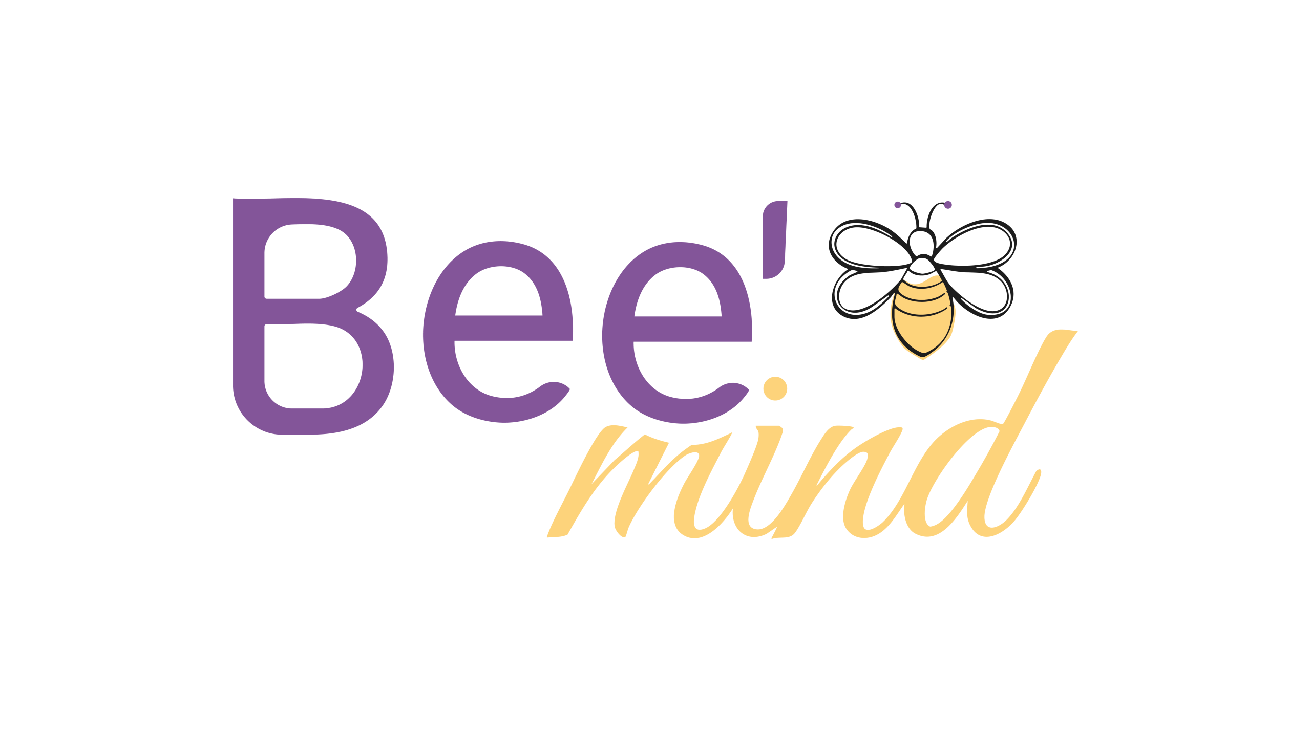 Dessin représentant le logo de l'agence Bee'Mind. C'est une ecriture arrondis aux couleurs violettes et jaunes accompagnée d'une petite abeille avec vue de face dessinée au trait fin noir avec une touche de couleur jaune.