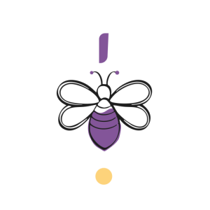 Dessin représentant le badge du logo de l'agence Bee'Mind. C'est une abeille aux couleurs violettes et jaunes. Ce badge est protégé par les mentions légales Bee'mind