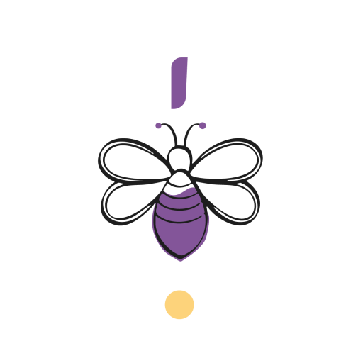 Dessin représentant le badge du logo de l'agence Bee'Mind. C'est une abeille aux couleurs violettes et jaunes